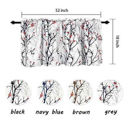 poefun 4 Panels Blackout Curtain Valances for Windows/Bedroom/Living Room/Bathroom/Farmhouse/Laundry with Rod Pocket 52 x 18 Inches Long, Black Tree Branch Valance - color: Tree Branch Cherry Black, size: 52"W x 18"L (Pack of 4)