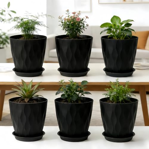6 Pack 8 Inch Plastic Plant Pots with Drainage Holes and Trays, Black - color: Black 8 Inch