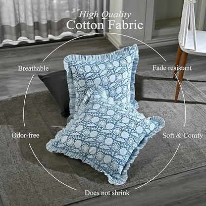 CPC Blue Meadow Block Print Ruffle Pillow Cover 18x18 Inch, Pack of 2 - color: Blue Meadow, size: 18" x 18" (Pack of 2)