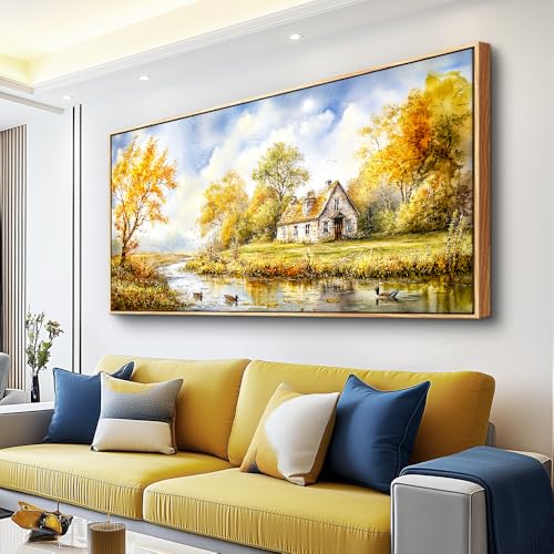 ERQINHUA Canvas Wall Art For Living Room Farmhouse Dining Room Home Wall Decor For Bedroom Office Wall Decoration Yellow Pastoral Creek Landscape Painting Wood Frame Prints Pictures Artwork 20"x40" - color: Yellow Pastoral Creek Landscape Painting Wood Fr