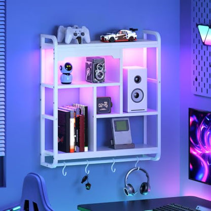 HOOBRO Gaming Floating Shelves for Wall, 26.4" LED wall Shelf Display Rack - color: White