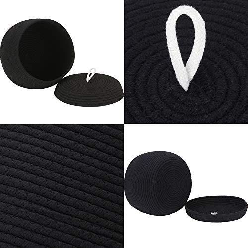 Sea Team Round Woven Cotton Rope Storage Basket with Lid, Black - color: Black, size: Small