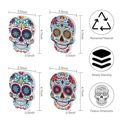 DECSPAS Day of the Dead Decor, 4 PCs Wood Block Sugar Skulls Dia De Los Muertos Decorations, Wooden Skeleton Tiered Tray Decor for Altar, Ofrenda, Home, Table, Mantle, Mexican Fiesta - style: Day of the Dead - Skulls