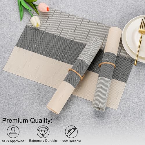 Placemats Set of 4, Vinyl Woven Heat-Resistant Place Mats - color: Beige Dark Gray, size: Set of 4