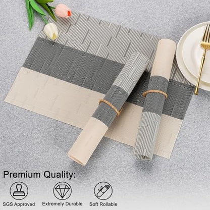 Placemats Set of 4, Vinyl Woven Heat-Resistant Place Mats - color: Beige Dark Gray, size: Set of 4