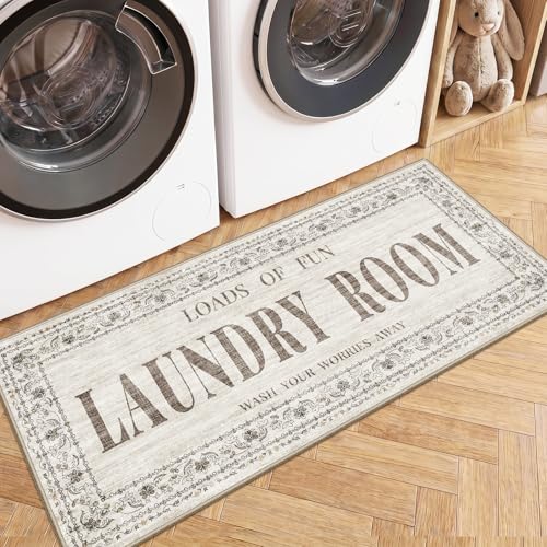 20"x48" Non-Slip Laundry Room Rug: Washable Laundry Room Rug Runner - Stain and Water Resistant Floor Mats Farmhouse Home Decor - Durable Soft Low Pile Carpet for High Traffic Areas 20"x48" Beige - color: Beige, size: 1'8" x 4' (Rectangular)