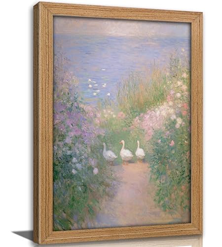 Framed Impressionist Goose Wall Art, Cottagecore Duck Oil Painting Canvas Print Picture, Pastel Floral Lake Landscape Wall Decor, Country Nature Pictures Prints, for Bedroom Bathroom, 12x16in - color: Duck, size: 16"Lx12"W