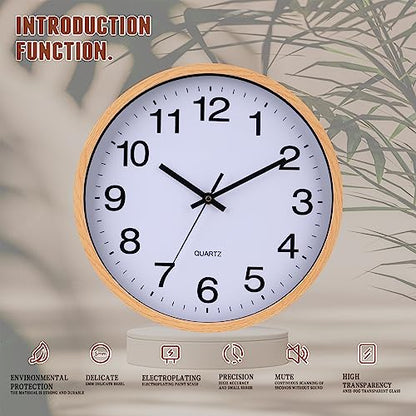 Wall Clock 12 Inch Wooden Frame Glass Cover Non-Ticking Number Quartz Modern Quartz Design Decorative Bedroom Kitchen Office Classroom Light Brown - color: Light Brown