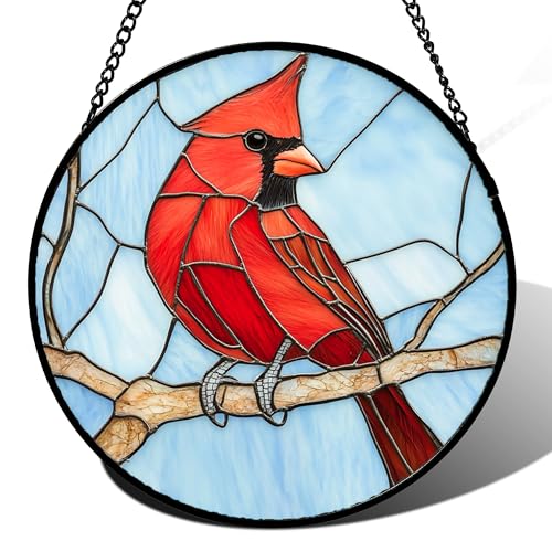 A Cardinal in The Tree Stained Glass Window Hanging Suncatcher Gifts 12" - color: Red, size: 11.8x11.8 IN