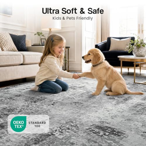 Kelarea Washable Area Rug 8x10, Non-Slip Low Pile Abstract Grey - color: Light Grey, size: 8' x 10' (Rectangular)
