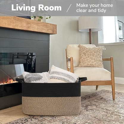 Goodpick 75L Extra Large Woven Blanket Basket, 22" x 17" x 12", Black Jute - color: Black, size: 22"L x 17"W x 12"H