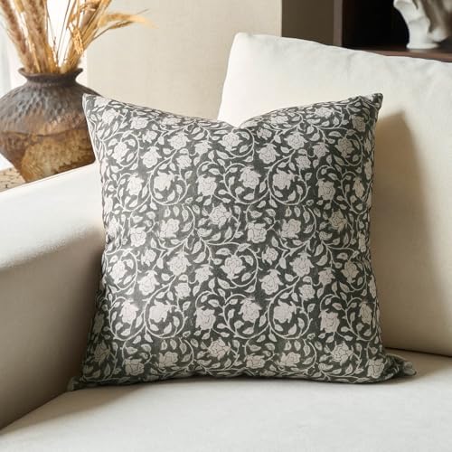DOMVITUS Floral Pillow Covers 20x20, Throw Pillows for Couch, Block Print Pillow Cover, Decorative Neutral Accent Throw Pillow Covers for Living Room, 1PC, Greyish Green - color: Greyish Green, size: 20" x 20" (Pack of 1)