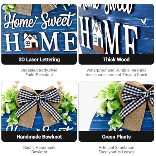 Welcome Sign for Front Door, Wooden Home Sweet Home Decor Outdoor, 3D Farmhouse Hanging Door Wreath with Artificial Greenery, Porch Welcome Sign Hanger All Year Round (Blue) - color: Blue