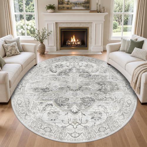 Washable 8ft Round Area Rugs, Non Slip Vintage Rug Ivory/Gray - color: Ivory/Gray, size: 8' (Round）