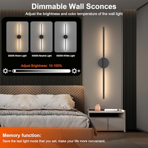 Tartek Battery Operated Wall Sconces Set of Two, Rechargeable Wall Lights with Remote Control, Dimmable 3000K-6000K LED Wall Lamp, 360°Rotate, Long Wireless Sconces for Living Room, Bedroom - color: Black