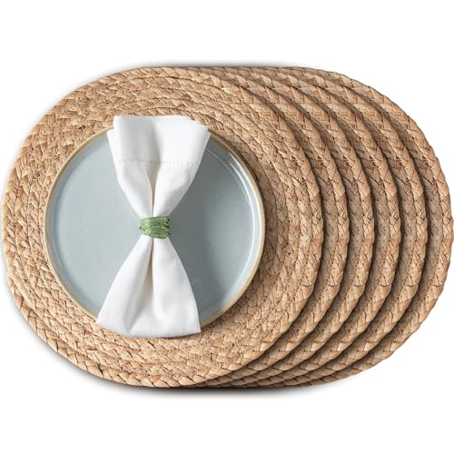Aofmee 13.8 inch Round Woven Placemats Set of 6, Boho Rattan Place Mats, Natural Water Hyacinth Table Placemats, Farmhouse Weave Table Mats, Rustic Braided Wicker Charger Plates for Dining Table Decor - size: 13.8 Inch Set of 6