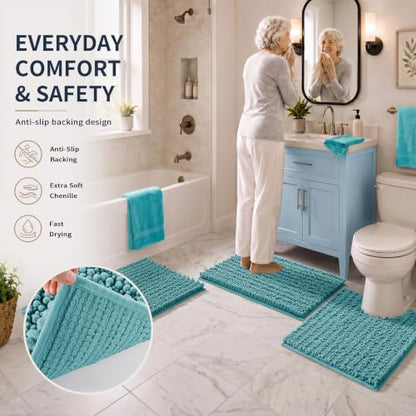 Yimobra Bathroom Rug Set 3 Piece, Super Absorbent Bath Mat Set, Teal Blue - color: Teal Blue, size: 24"x20" + 30"x20"+ 44"x24"