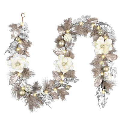 Valery Madelyn 9 Feet Pre-Lit Christmas Garland with White Gold Flower - color: Champagne Gold, size: 9 feet