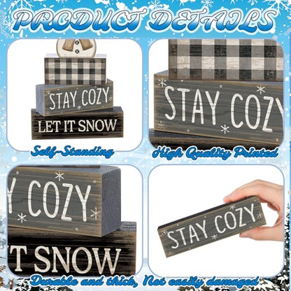 Yuntau 4 Pcs Winter Table Decorations Wooden Snowman Tiered Tray Decor - style: Let It Snow