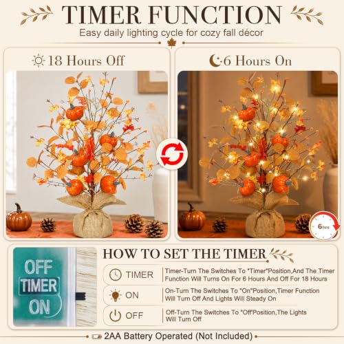 Timer & Pumpkin - Fall Decor 2 Pack 18 Inch Lighted Fall Tree Tabletop
