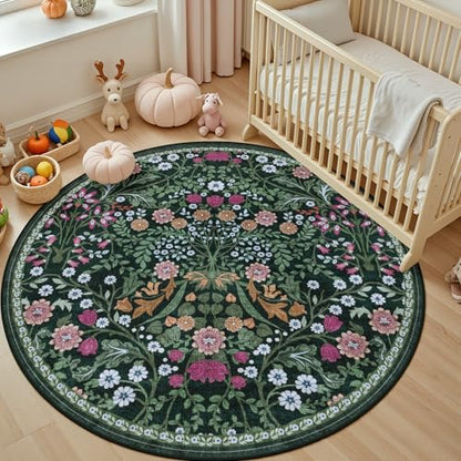 PLHXFR Round Area Rug Living Room: 4 ft Floral Washable Carpet Dark Green - color: Dark Green, size: 4' (Round)