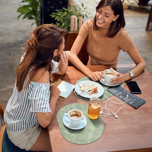 ADRIMER Oval Placemats Set of 6, Wipeable Faux Leather, Green - color: Green