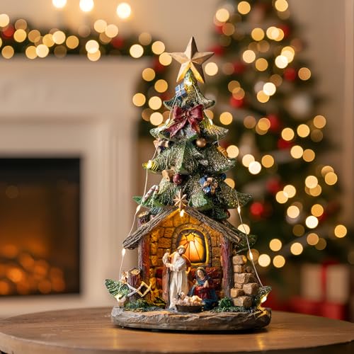 Qualdout Christmas Tree Nativity Scene with Figurines LED Light, Christmas Holy Family Nativity Scene for Xmas Decor Gift, Tabletop Decorative Christmas Ornaments
