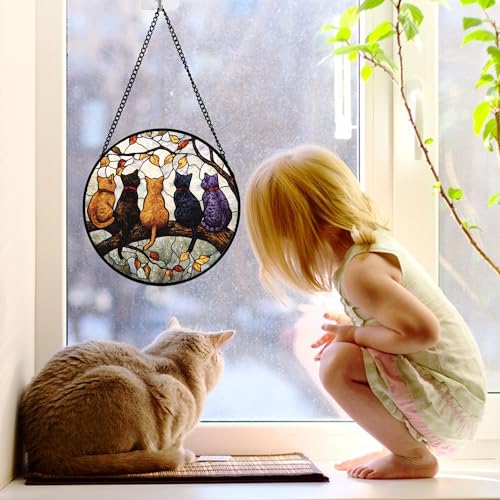 5 Cats on a Branch Stained Glass Window Hanging Suncatcher Gifts 6.3" - color: Black, size: 6.3x6.3 IN