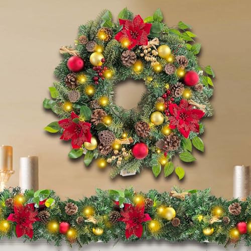 WANNA-CUL Pre-Lit 6ft Red Gold Christmas Garland with 30 LED Timer Lights - color: 03-red Gold