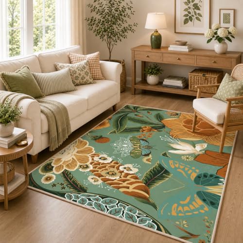 Tyrot Sage Green Boho Floral 3x5 Washable Area Rug Flat Woven Ultra-Thin Low Pile Rug Non Slip Indoor Botanical Butterfly Rug for Living Room, Bedroom, Entryway, Nursery, Dorm - color: Sage Bloom, size: 3' x 5' (Rectangular)