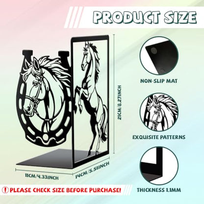 Peacoblue 5.5"x4.3"x8.3" Metal Bookends, Heavy Duty Book Ends for Shelves - style: Horse and Horseshoe