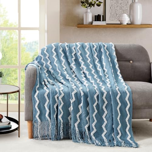 BOURINA Knitted Throw Blanket Boho Chenille Outdoor Blanket,Blue 50x60Inch - color: A-blue, size: 50"×60"