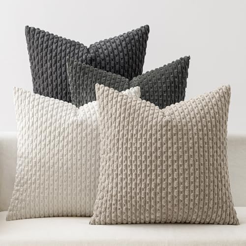 MIULEE Neutral Grey Decorative Throw Pillow Covers for Couch Bed Living Room 18x18 Inch Set of 4 Modern Western Striped Cushion Covers Soft Corduroy Pillowcases Industrial Home Decor Gradient Series - color: Grey