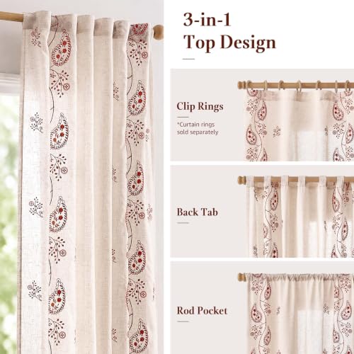 jinchan Linen Curtains 84 Inch Terracotta Floral Drapes Back Tab 2 Panels - color: Terracotta on Beige, size: 50"W x 84"L (Pack of 2)