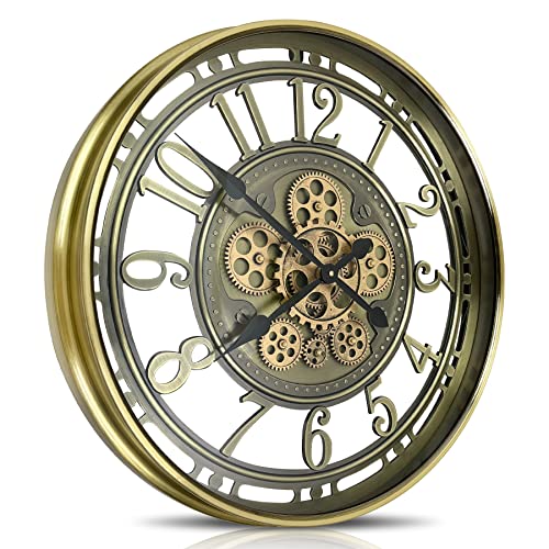 Real Moving Gears Wall Clock Large Modern Metal Clocks for Living Room Decor, Industrial Steampunk Unique Vintage Rustic Decorative Clock for Home Farmhouse Office, 21 Inch,Bronze Gold Arabic - color: Brass Gold Arabic, size: 21 Inch