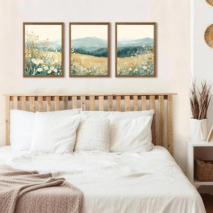 AVECCO 3 Pieces Wildflower Meadow Mountain Framed Canvas Wall Art 12x16 in - color: Mountain flowers, size: 16"L x 12"W