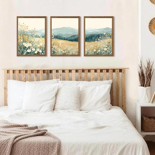 AVECCO 3 Pieces Wildflower Meadow Mountain Framed Canvas Wall Art 12x16 in - color: Mountain flowers, size: 16"L x 12"W