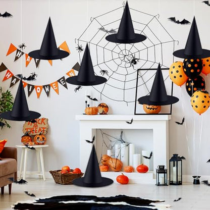 6PCS Halloween Witch Hats 98 FT Nylon Cord 24 Bats for Porch Yard Deco