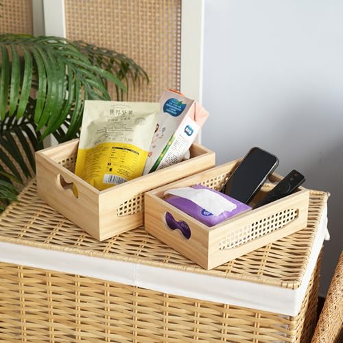 Wooden Rattan Storage Baskets with Handles, Set of 2