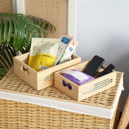 Wooden Rattan Storage Baskets with Handles, Set of 2