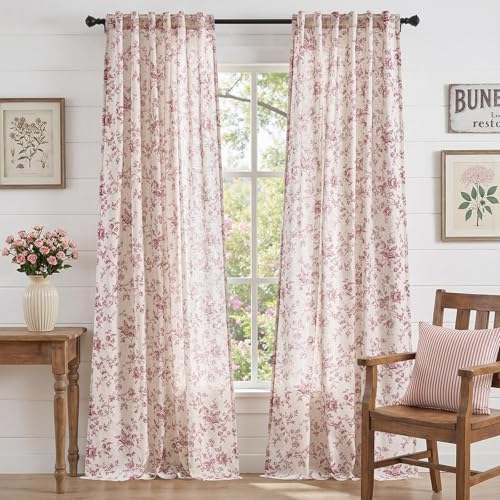 jinchan Linen Curtains 96 inch Maroon Floral Farmhouse Rod Pocket 2 Panels - color: Amlie Maroon, size: 50"W x 96"L (Pack of 2)