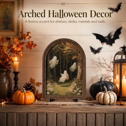 Halloween Ghosts Arched Wood Frame Tabletop Decor, Swing Forest Wall Art - color: Color 18