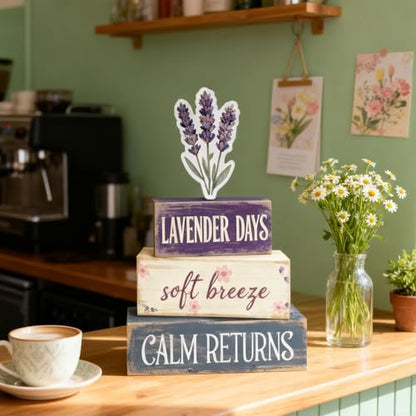 Spring Decoration For Home Wooden Lavender Tiered Tray Decor Rustic Spring Block Sign with Lavender Farmhouse Tabletop Spring Decor Centerpiece for Tables Seasonal Home Easter Decor - style: Lavender