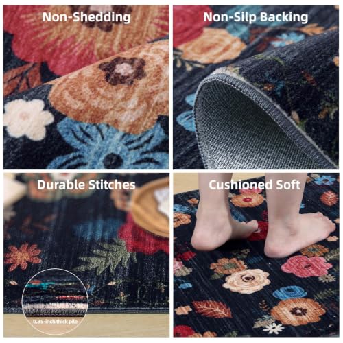 Washable Kitchen Rug Hallway Runner: 2x10 Runner Rug Non Slip Carpet Runner - color: Black Floral, size: 2' x 10' (Rectangular)