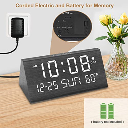 DreamSky Digital Alarm Clock for Bedrooms - Wooden Desk Clock with Date - color: Black