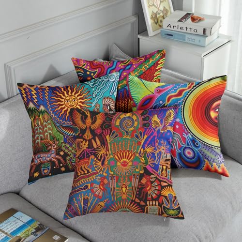 Sanwarm Linen Throw Pillow Covers Set of 4, 16 x 16 Inch, Ethnic Leaf - color: Mexico Boho, size: 16" x 16" (Pack of 4)