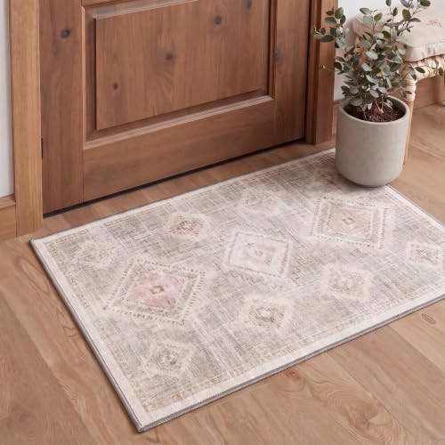 GENIMO 2X3 Washable Area Rug for Entrance, Boho Vintage Medallion Non Slip - color: Blush Beige, size: 2' x 3' (Rectangular)
