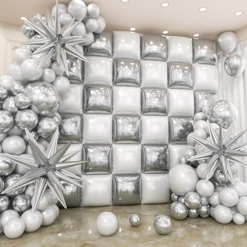36pcs White and Silver Square Foil Balloons Wall Backdrop with 147pcs Balloon Garland Arch Kit, Double Sided Balloons for Bachelorette Wedding Birthday Engagement Anniversary Party Decorations - color: White and Silver
