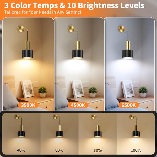 VerRon Rechargeable Wireless Battery Operated Wall Sconces Set of Two - color: Black & Gold with Gold, size: Rechargeable Battery Powered