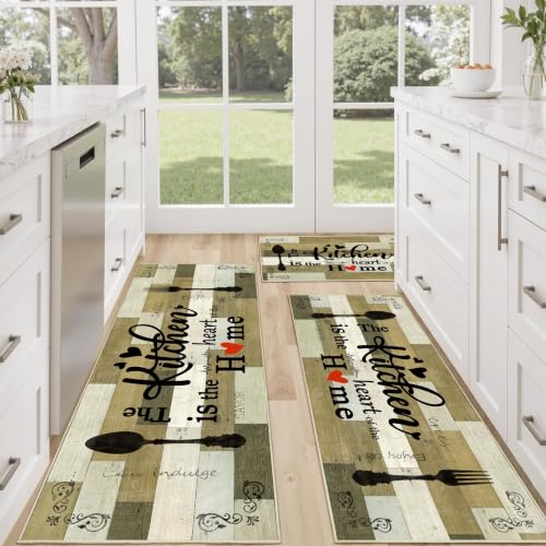Non Slip Kitchen Mats for Floor Washable Kitchen Rugs Sets of 3, Khaki - color: Heart-khaki, size: 20"x32"+20"x48"+20"x59"